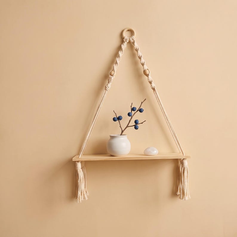 Macrame Shelf Boho Wall Mounted Natural Wood with Tassels