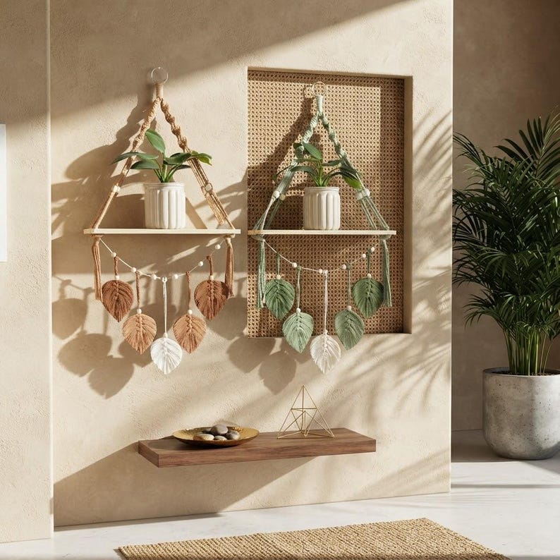 Hand-Woven Macrame Shelf: Boho Cotton Tapestry, Wooden Storage Rack (Green/Brown)