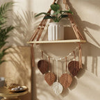 Hand-Woven Macrame Shelf: Boho Cotton Tapestry, Wooden Storage Rack (Green/Brown)