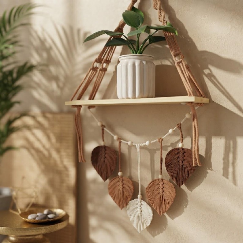 Hand-Woven Macrame Shelf: Boho Cotton Tapestry, Wooden Storage Rack (Green/Brown)
