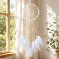 White Dreamcatcher Wind Chime, Crystal Suncatcher Wall Hanging, Boho Feather Bedroom Decor, Celestial Gift