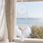 White Dreamcatcher Wind Chime, Crystal Suncatcher Wall Hanging, Boho Feather Bedroom Decor, Celestial Gift