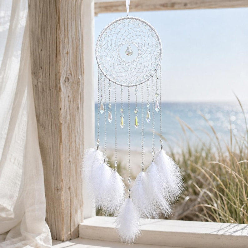 White Dreamcatcher Wind Chime, Crystal Suncatcher Wall Hanging, Boho Feather Bedroom Decor, Celestial Gift