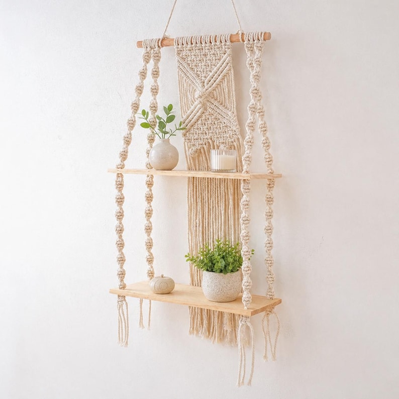 2-Tier Macrame Wall Shelf, Boho Hanging Shelf, Handmade Woven Wood Display, Small Wall Storage, Natural Cream