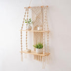 2-Tier Macrame Wall Shelf, Boho Hanging Shelf, Handmade Woven Wood Display, Small Wall Storage, Natural Cream