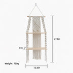 2-Tier Macrame Wall Shelf, Boho Hanging Shelf, Handmade Woven Wood Display, Small Wall Storage, Natural Cream