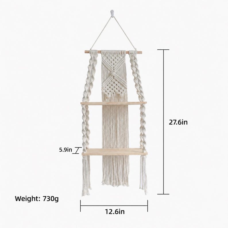 2-Tier Macrame Wall Shelf, Boho Hanging Shelf, Handmade Woven Wood Display, Small Wall Storage, Natural Cream