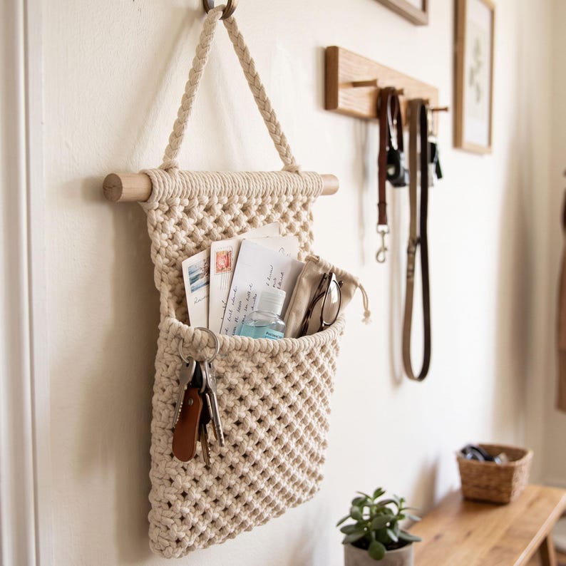 Wall Hanging Rope Storage Basket with Wooden Dowel, 6.5x11 in