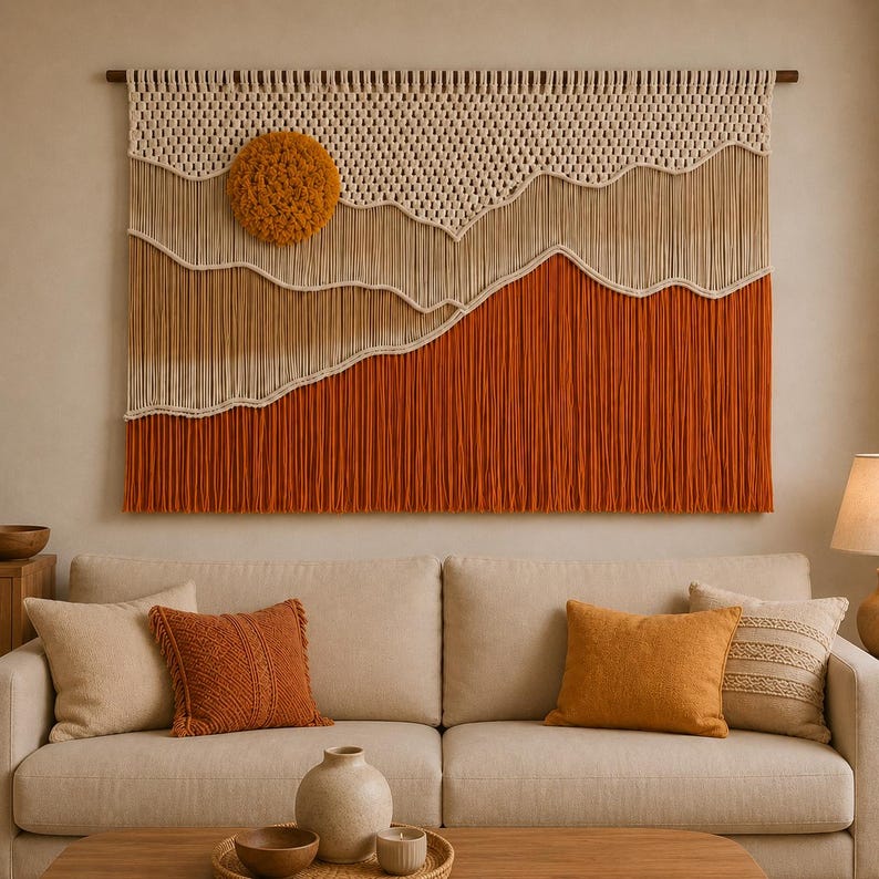 Woven Wall Hanging Fiber Art Tapestry, Scandinavian Boho Wall Decor, Natural Cotton Rope, Wooden Rod Included