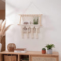 Macrame Wall Hanging Shelf with Storage Pocket, Woven Tapestry Magazine Rack, Cream Natural Wood Beads, 17.71 x 19.68 inches