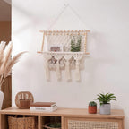 Macrame Wall Hanging Shelf with Storage Pocket, Woven Tapestry Magazine Rack, Cream Natural Wood Beads, 17.71 x 19.68 inches