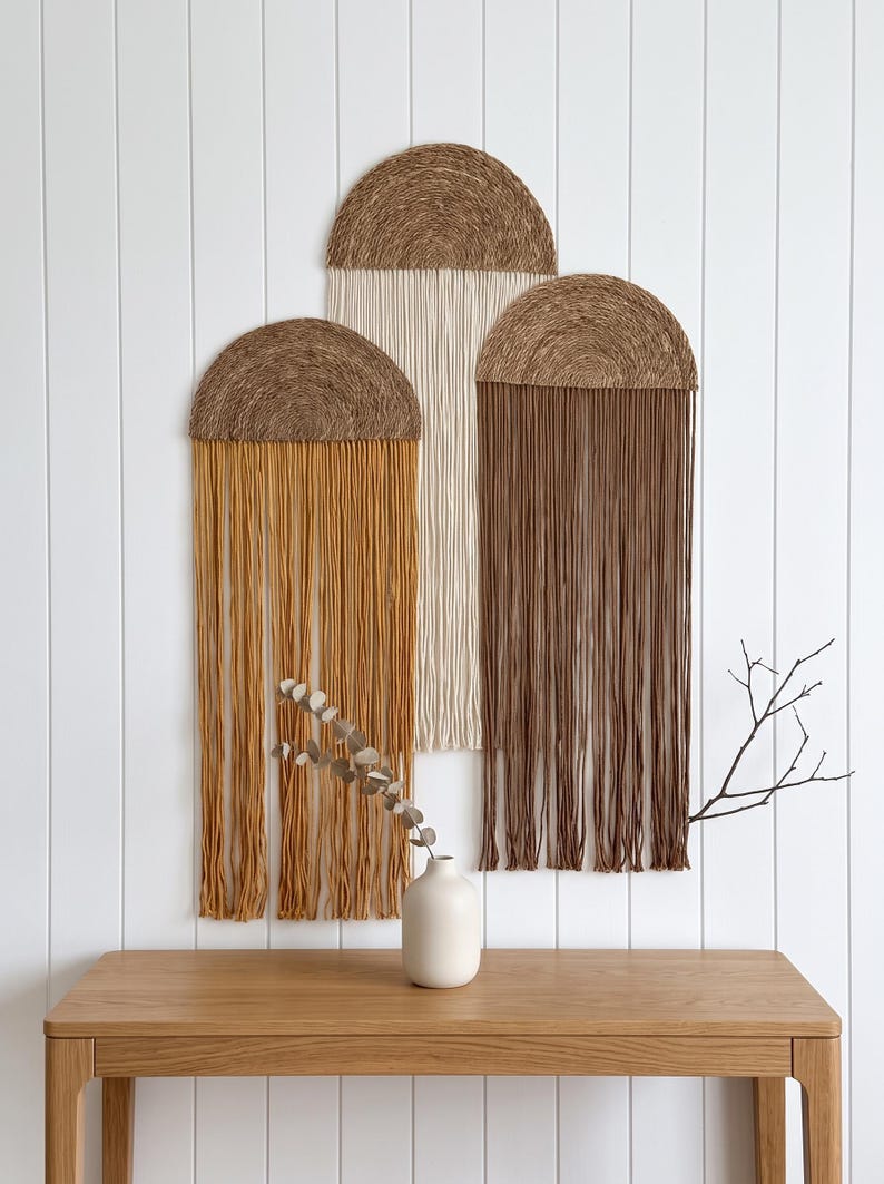 Arch Macrame Wall Hanging Set of 3, Jute Yarn Fringe Tapestry, Mid Century Modern Living Room Decor, Earthy Wall Art, Mustard Brown Cream