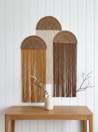 Arch Macrame Wall Hanging Set of 3, Jute Yarn Fringe Tapestry, Mid Century Modern Living Room Decor, Earthy Wall Art, Mustard Brown Cream