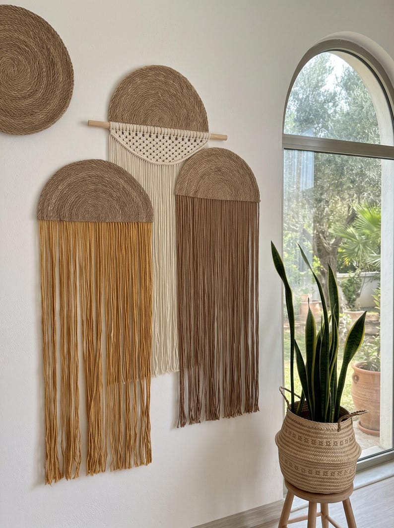 Arch Macrame Wall Hanging Set of 3, Jute Yarn Fringe Tapestry, Mid Century Modern Living Room Decor, Earthy Wall Art, Mustard Brown Cream
