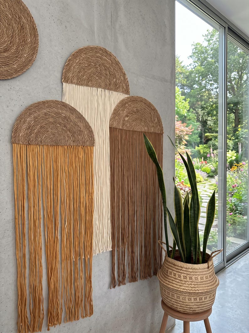 Arch Macrame Wall Hanging Set of 3, Jute Yarn Fringe Tapestry, Mid Century Modern Living Room Decor, Earthy Wall Art, Mustard Brown Cream
