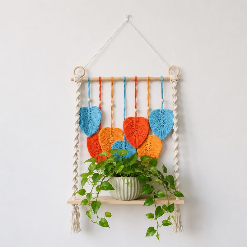 Macrame Wall Shelf Woven Hanging Shelf for Plant Display, Boho Home Decor, 2 Styles