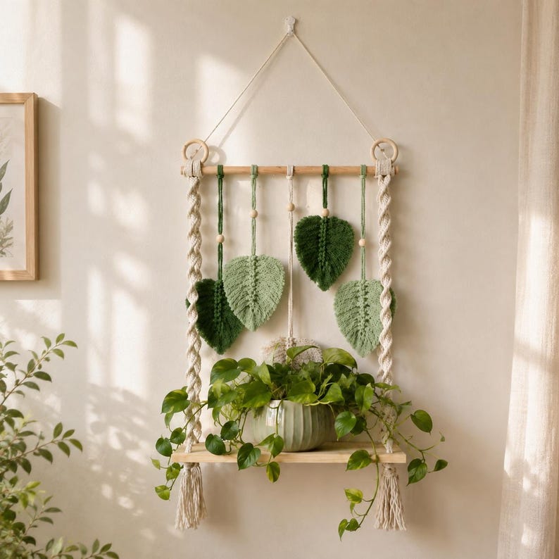 Macrame Wall Shelf Woven Hanging Shelf for Plant Display, Boho Home Decor, 2 Styles