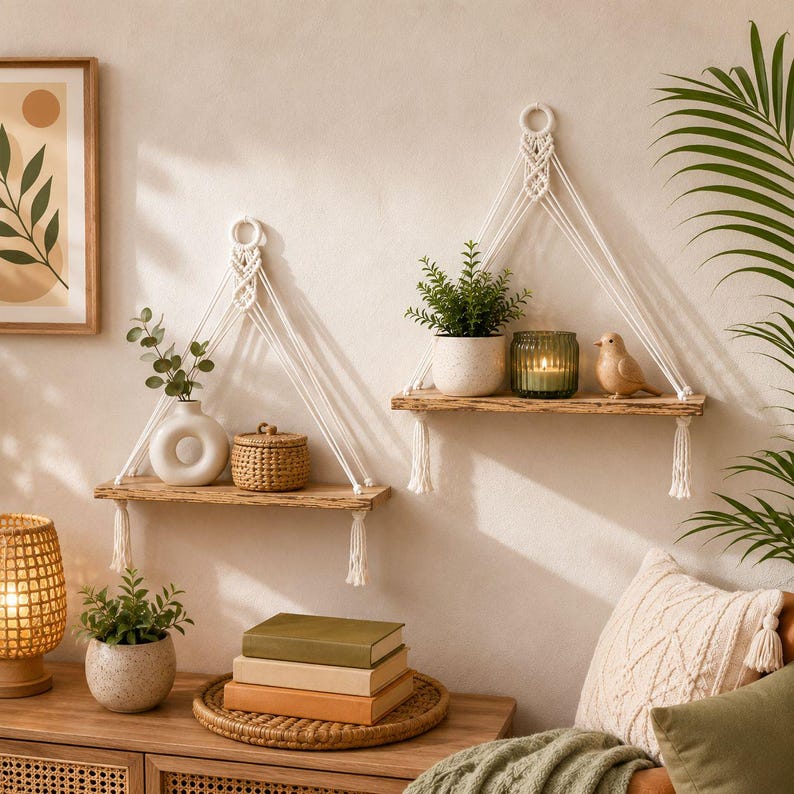 Macrame Hanging Shelf Set of 2, Boho Wall Decor, Wood Floating Shelves, Plant Holder, 16.5x5.5x17.7 in
