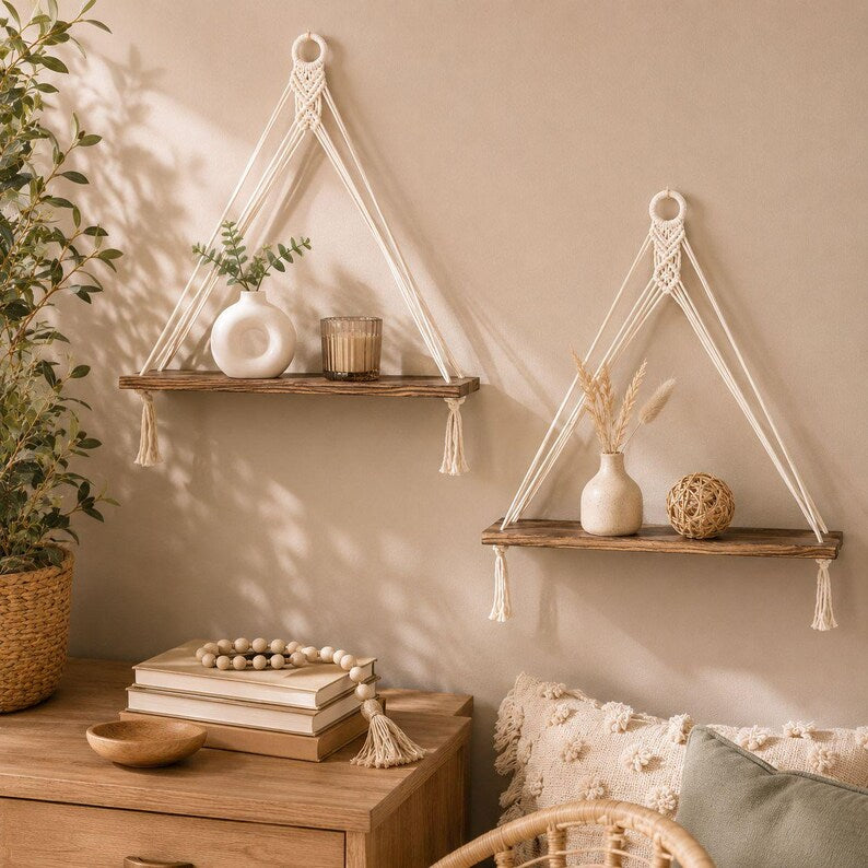 Macrame Hanging Shelf Set of 2, Boho Wall Decor, Wood Floating Shelves, Plant Holder, 16.5x5.5x17.7 in