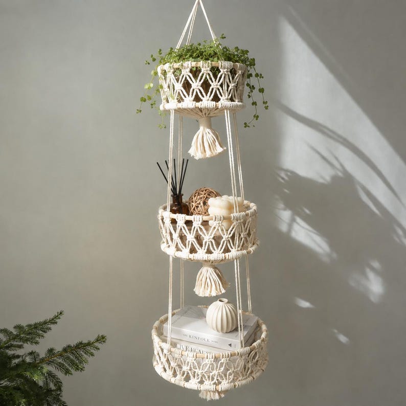 Large Macrame Plant Pot Hanger, Minimalist Boho Wall Decor, Cotton Rope Hanging Planter Basket, Natural Cream