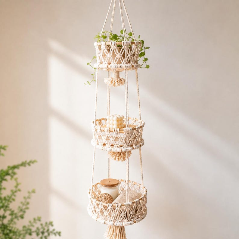 Large Macrame Plant Pot Hanger, Minimalist Boho Wall Decor, Cotton Rope Hanging Planter Basket, Natural Cream