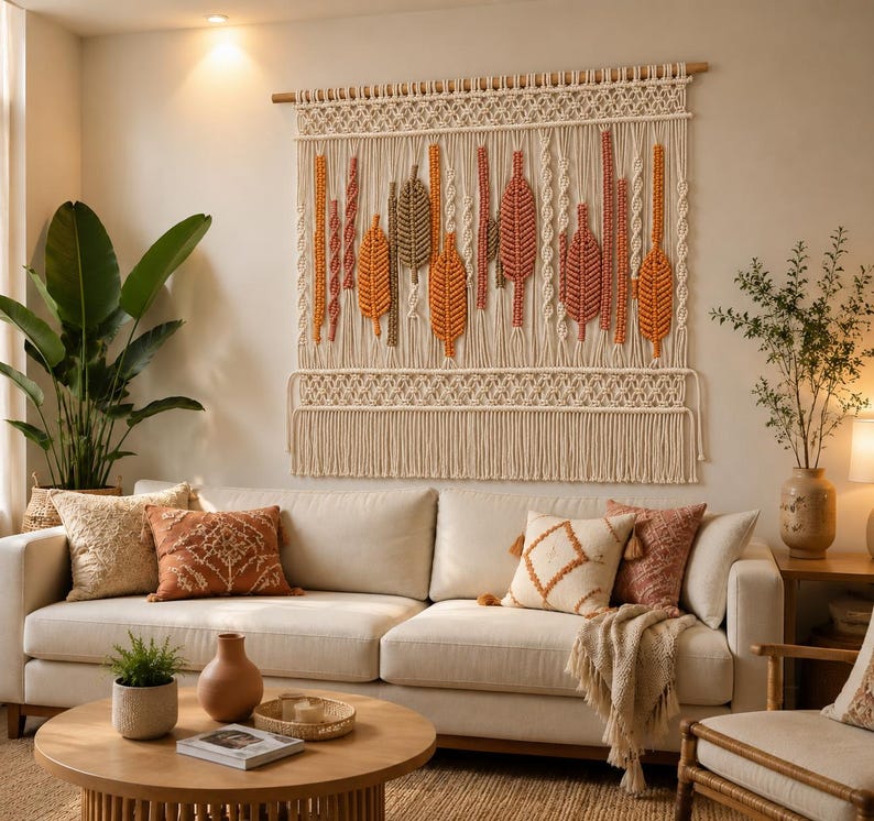 Large Cotton Macrame Wall Hanging Boho Woven Fiber Art Natural Wooden Dowel Home Decor
