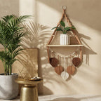 Hand-Woven Macrame Shelf: Boho Cotton Tapestry, Wooden Storage Rack (Green/Brown)
