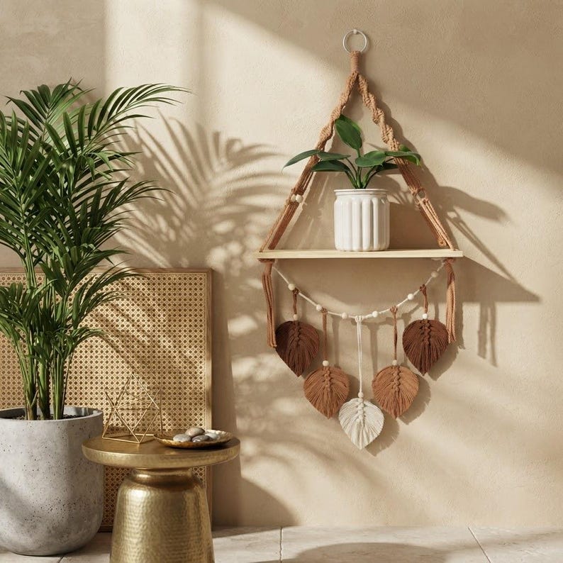 Hand-Woven Macrame Shelf: Boho Cotton Tapestry, Wooden Storage Rack (Green/Brown)