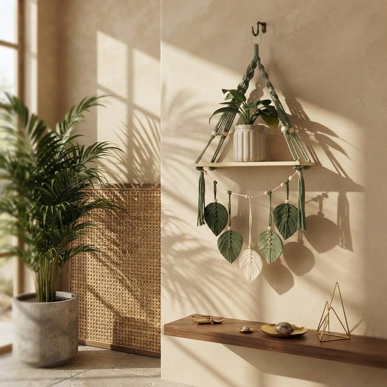 Hand-Woven Macrame Shelf: Boho Cotton Tapestry, Wooden Storage Rack (Green/Brown)