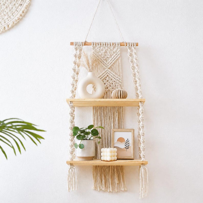 2-Tier Macrame Wall Shelf, Boho Hanging Shelf, Handmade Woven Wood Display, Small Wall Storage, Natural Cream