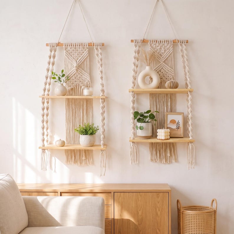 2-Tier Macrame Wall Shelf, Boho Hanging Shelf, Handmade Woven Wood Display, Small Wall Storage, Natural Cream