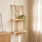2-Tier Macrame Wall Shelf, Boho Hanging Shelf, Handmade Woven Wood Display, Small Wall Storage, Natural Cream