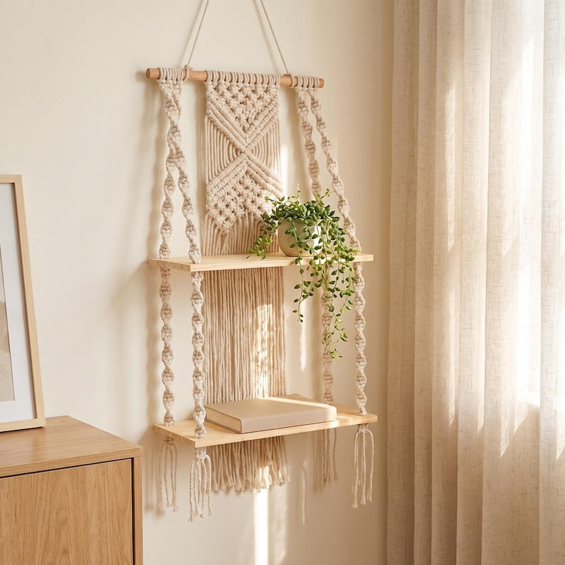 2-Tier Macrame Wall Shelf, Boho Hanging Shelf, Handmade Woven Wood Display, Small Wall Storage, Natural Cream