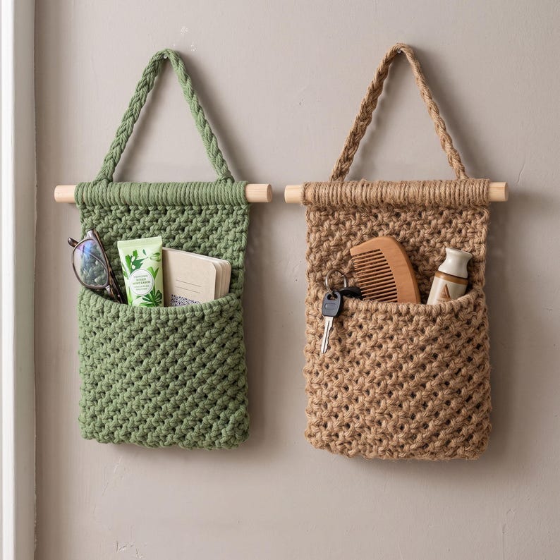 Wall Hanging Rope Storage Basket with Wooden Dowel, 6.5x11 in