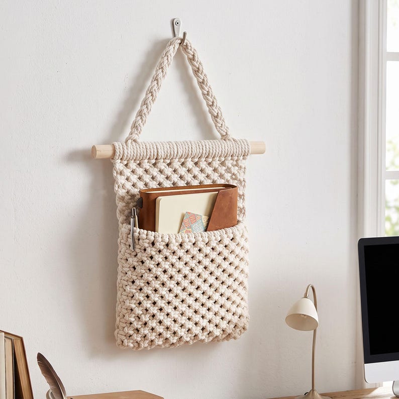 Wall Hanging Rope Storage Basket with Wooden Dowel, 6.5x11 in
