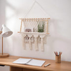 Macrame Wall Hanging Shelf with Storage Pocket, Woven Tapestry Magazine Rack, Cream Natural Wood Beads, 17.71 x 19.68 inches
