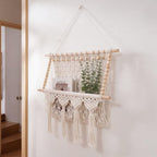 Macrame Wall Hanging Shelf with Storage Pocket, Woven Tapestry Magazine Rack, Cream Natural Wood Beads, 17.71 x 19.68 inches