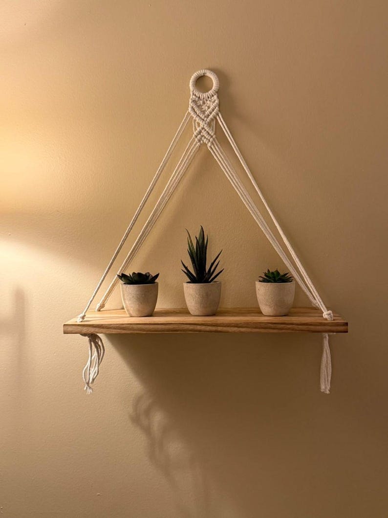 Macrame Hanging Shelf Set of 2, Boho Wall Decor, Wood Floating Shelves, Plant Holder, 16.5x5.5x17.7 in
