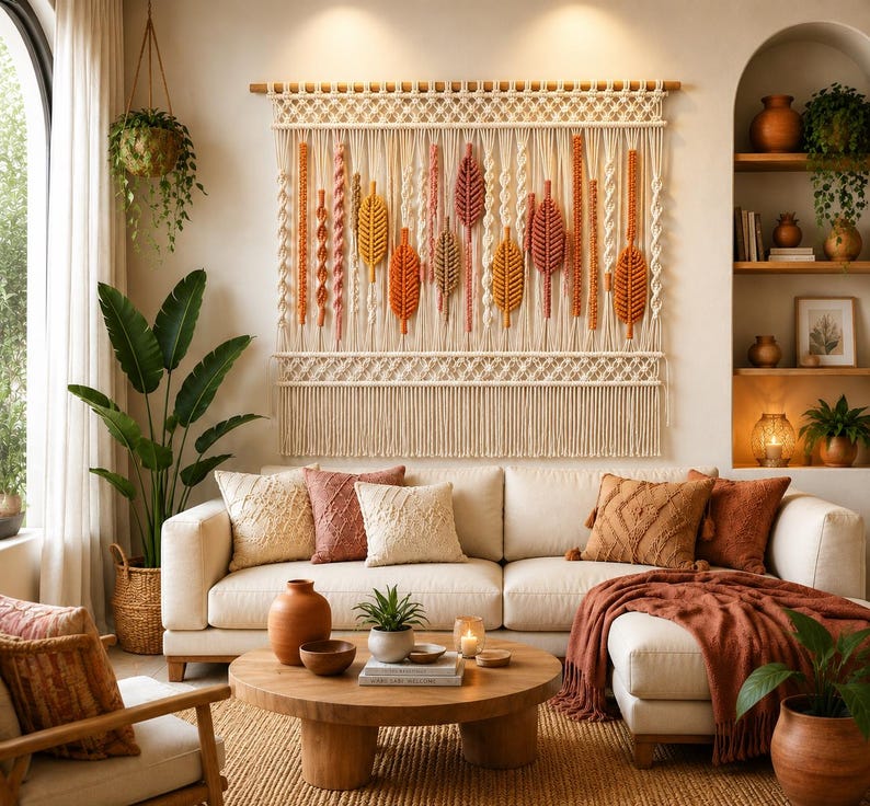 Large Cotton Macrame Wall Hanging Boho Woven Fiber Art Natural Wooden Dowel Home Decor